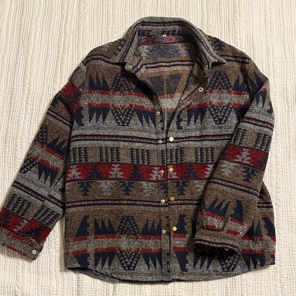 Men's Tribal Pattern Flannel Overshirt Jacket - Brown and Red
